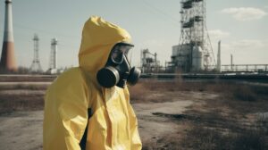 Person wearing hazmat suit working nuclear power plant