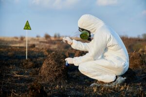Researcher protective suit working burnt field taking flora samples