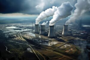 View nuclear power plant with towers letting out steam from process